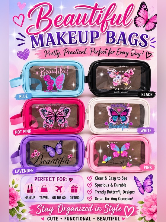 Handbags - Beautiful Clear Butterfly Makeup Bag - Available in Multiple Colors